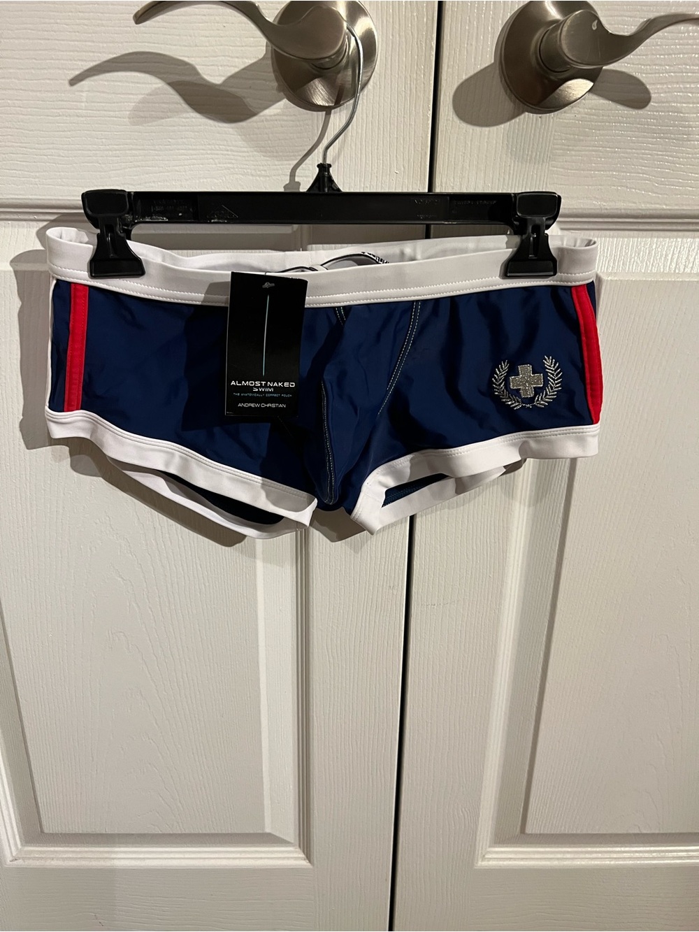 Andrew Christian Navy Swim Trunks with White Trim and Red Accents